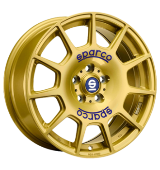 Sparco, Terra, 7,5x17 ET48 5x100 63,4, gold + blaue Beschriftung